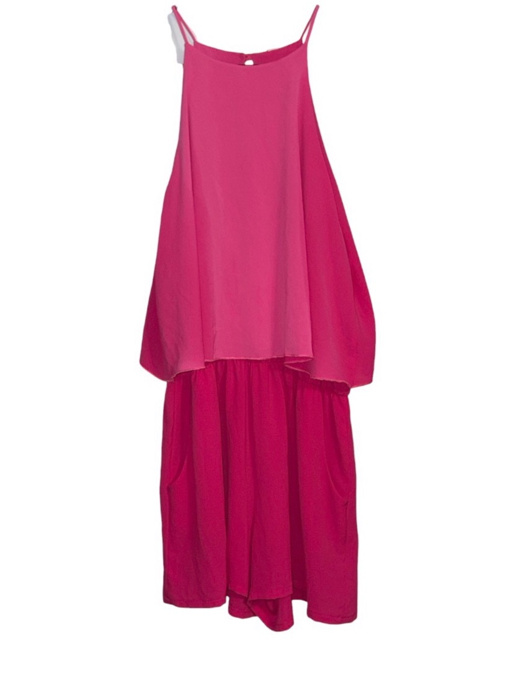 Tyche Hot Pink Flowy Hi-Neck Sleeveless Romper W/ Single Button Closure & Pocket